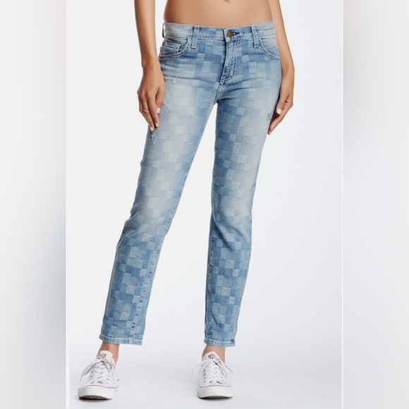 Current/Elliott The Fling Slim Boyfriend Checkered Jeans Distressed Blue Size 27 - Picture 15 of 16